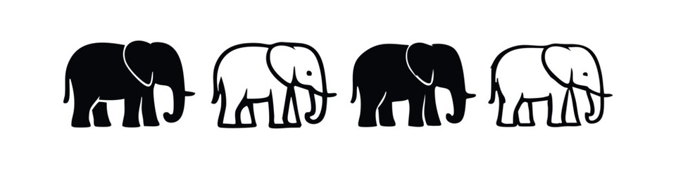 Obraz premium Collection of stylized black and white elephant icons, isolated on white background. Side view vector illustrations for wildlife, safari, or animal themes.