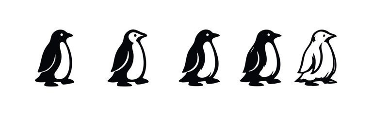 Obraz premium Various stylized black and white penguin icons, isolated on white background. Set of simple vector illustrations for logos, mascots, or wildlife themes.