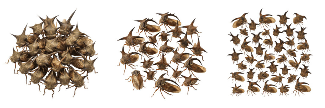 Swarm of treehoppers Membracidae isolated on white background, thorn-like insects, plant-feeding sap-sucking insects, flying treehopper cluster macro, insect swarm photography, Hemiptera insect swarm
