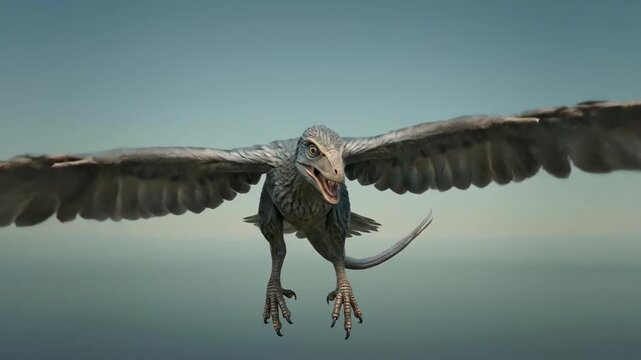 Prehistoric Feathered Dinosaur Bird Flying with Spread Wings in Sky
