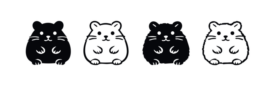 Cute Hamster Icon Set. Adorable Small Rodent Character Silhouettes and Outlines in Different Styles.