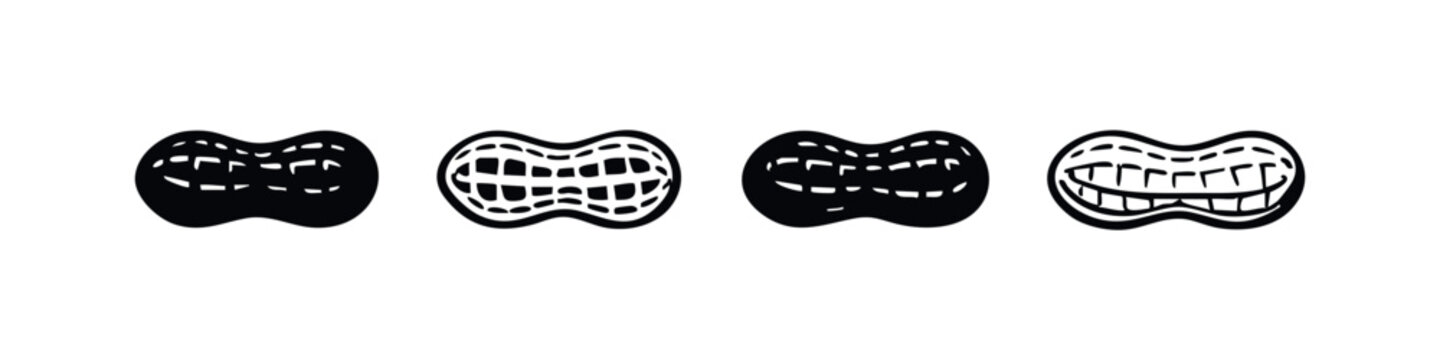 Collection of stylized black and white peanut shell icons, isolated on white background. Vector illustrations for food, snack, or natural ingredient concepts.