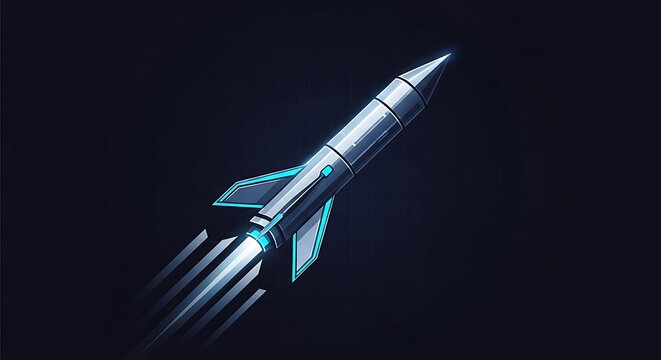 Modern futuristic rocket launching into dark space with glowing blue light and engine exhaust trails