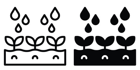 Fototapeta premium Black and White Illustration of Watering Plants with Raindrops Icon