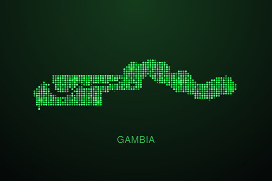 Gambia Map - Digital dotted map with glowing green points on dark background, modern technology style, abstract data network design, clean minimal geometric vector illustration.