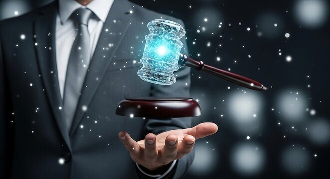Pengusaha mempersembahkan palu digital futuristik di tangannya.