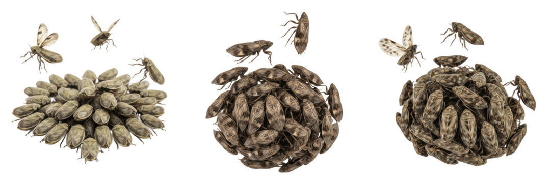 Swarm of spittlebugs Cercopidae isolated on white background, small jumping insects, plant sap feeders, flying froghopper cluster macro, insect swarm photography, Hemiptera insect swarm