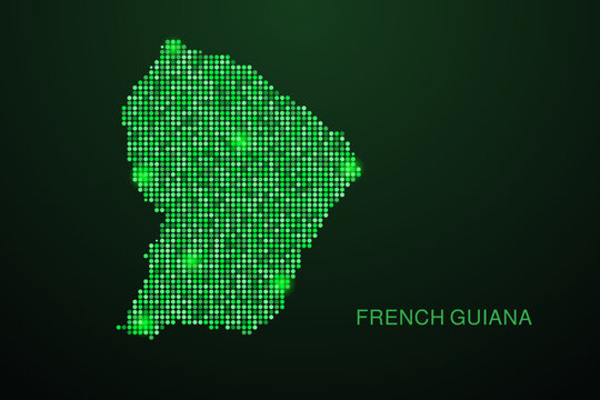 French Guiana Map - Digital dotted map with glowing green points on dark background, modern technology style, abstract data network design, clean minimal geometric vector illustration.