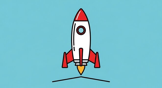 Minimalist rocket ship icon on blue background with black outline representing space exploration and startup launch concept with fire blast and simple lines