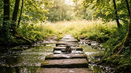 Obraz premium Stepping stones across shallow stream in forest, nature pathway, serene environment, green trees