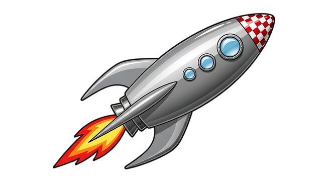 Retro silver rocket with checkered nose cone and porthole windows, launching with vibrant orange and yellow flames, vintage style.