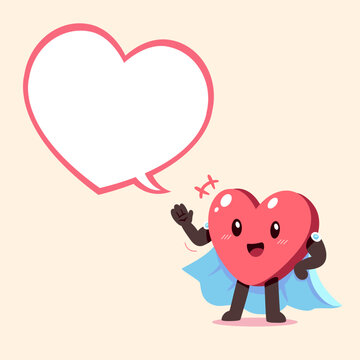 Vector cartoon heart character with superhero cape and speech bubble for design.
