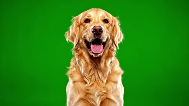 Happy golden retriever dog portrait showing tongue out against vibrant green screen motion footage
