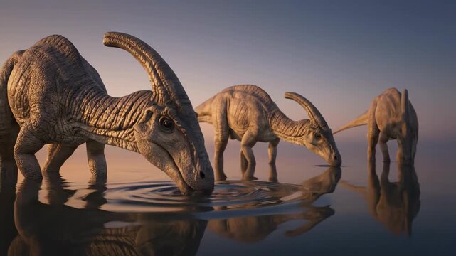 Parasaurolophus Herd Walking in Water with Reflections at Sunset 3D Render