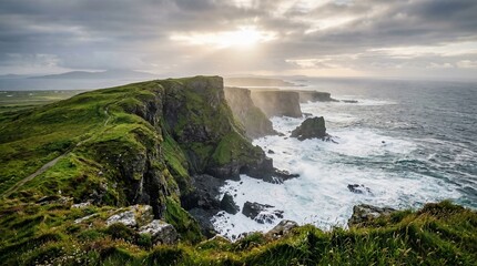 Obraz premium Cliffs of Moher Ireland rugged coastline. Dramatic cliffs with green grass and crashing waves