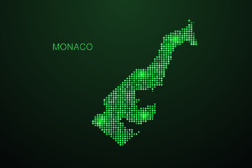 Naklejka premium Monaco Map - Digital dotted map with glowing green points on dark background, modern technology style, abstract data network design, clean minimal geometric vector illustration.
