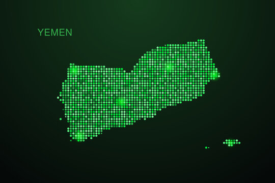Yemen Map - Digital dotted map with glowing green points on dark background, modern technology style, abstract data network design, clean minimal geometric vector illustration.