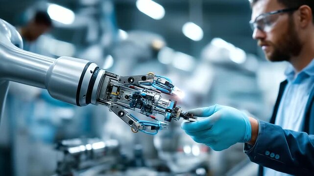 Industrial robotic arm handing over parts to faceless human assembler wearing safety glasses and gloves, efficient manufacturing collaboration, with copy space