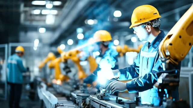 Industrial factory scene showing collaborative robots working side-by-side with faceless humans wearing safety gear, efficient teamwork and safety protocols, with copy space