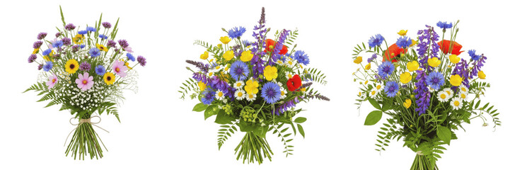 Seasonal wildflowers bouquet isolated on white background, daisies, cornflowers, poppies, mixed...