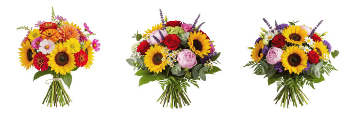 Obraz premium Bright summer blooms bouquet isolated on white background, sunflowers, gerberas, marigolds, tulips, vibrant seasonal bouquet, cut flower arrangement, florist photography