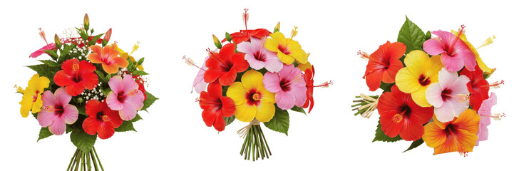 Tropical hibiscus bouquet isolated on white background, Hibiscus rosa-sinensis, red hibiscus, yellow hibiscus, exotic floral bouquet, cut flower arrangement, florist tropical bouquet photography © Leaf