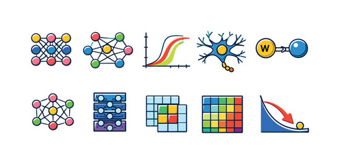 Ai and data science icon set. neural networks and algorithms flat collection