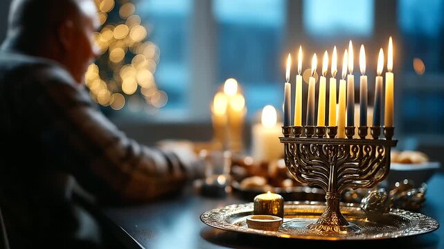 Jewish holiday Hanukkah background with menorah and faceless person in background, traditional celebration scene with human presence, with copy space