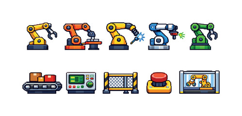 Obraz premium Industrial automation flat icon set. robotics, machinery, control system icons collection