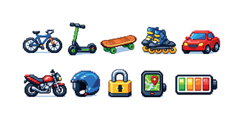 Fototapeta premium Transport, vehicle pixel icon set. retro, urban travel, mobility icons collection