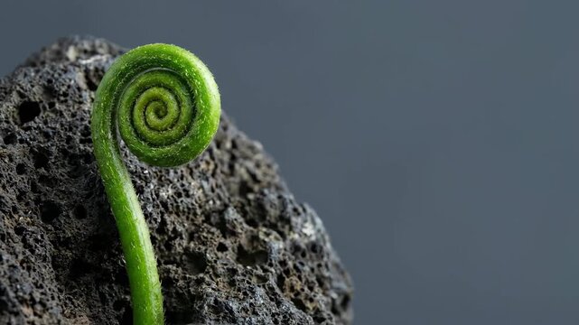 Close Up of Green Fern Fiddlehead Sprout Growing on Black Lava Rock Copy Space