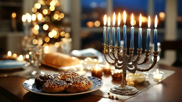 Lit Hanukkah menorah on table with dreidels and gelt, cozy home celebration for Jewish festival of lights, traditional holiday scene, with copy space