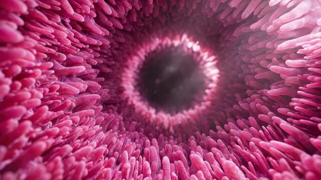 Microscopic 3D medical animation of human intestinal villi or lung alveoli tissue structure showing organic pink cellular movement and anatomical detail in a deep tunnel.