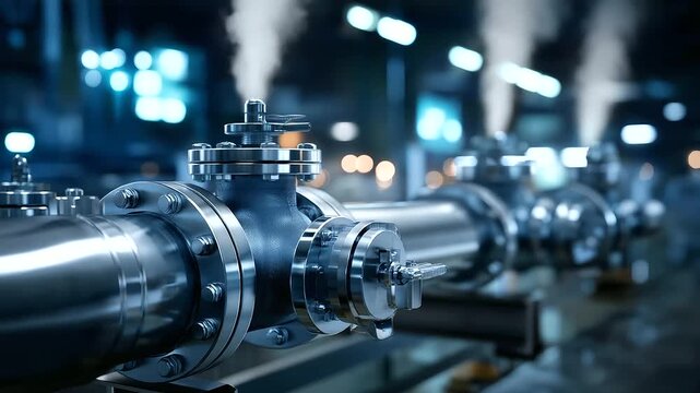 Metallic pipelines releasing controlled steam, factory equipment and valves in sharp focus, industrial precision and energy management highlighted, with copy space