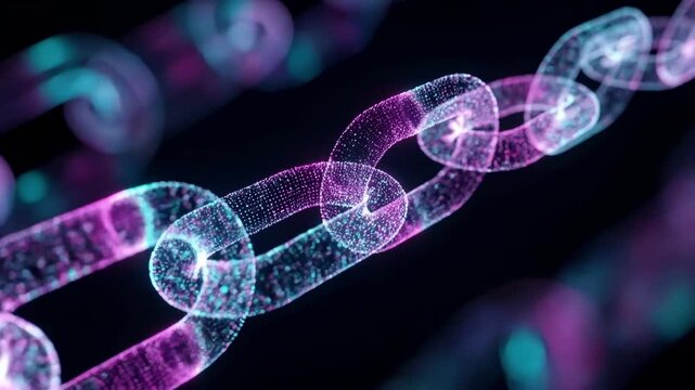 Abstract 3D animation of glowing digital blockchain links made of purple and teal particles moving through a dark void symbolizing cryptocurrency security and decentralized tech.