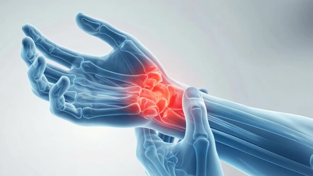 Medical 3D x-ray animation of a human hand showing red glowing pain in the wrist joint and carpal tunnel area highlighting arthritis injury or carpal tunnel syndrome.