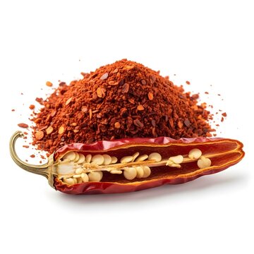 Small mound of Aleppo pepper flakes with one dried pepper sliced open beside it, isolated white background