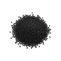 Original name(s): Small pile of nigella seeds with one cracked seed showing interior texture, isolated white background