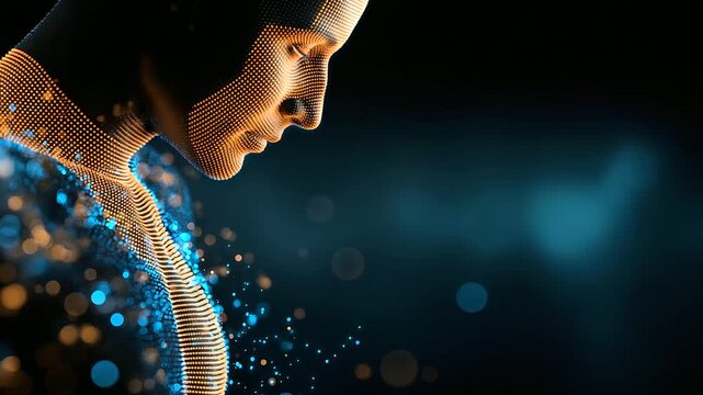 Person's form depicted as collection of particles in motion, human particle visualization, digital body concept, dispersing figure display, technological transformation graphic,