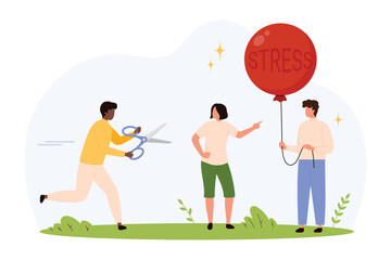 Three people interact with a large red balloon labeled stress, one preparing to cut the string, symbolizing teamwork and emotional support in stress relief isolated vector illustration