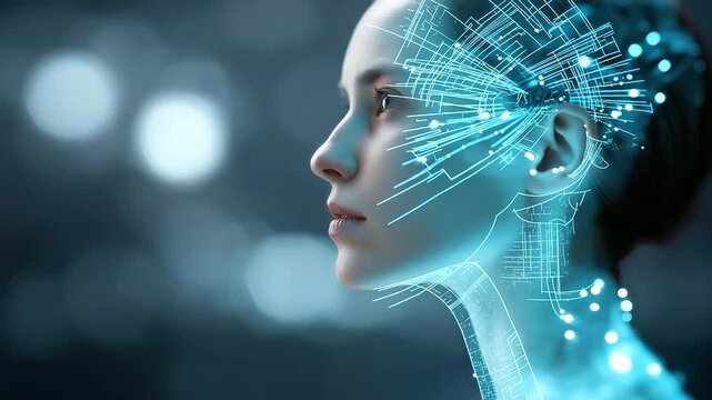 Profile view of digital representation of female figure, woman silhouette visualization, technological portrait concept, futuristic feminine outline, digital beauty display,