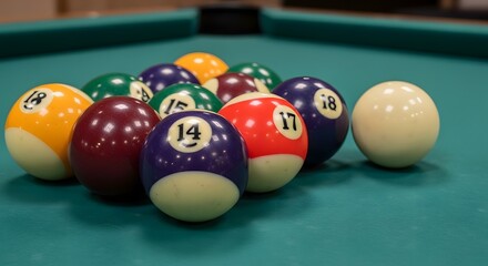 Billiard Balls on Green Pool Table with Numbered Balls in Rack Formation