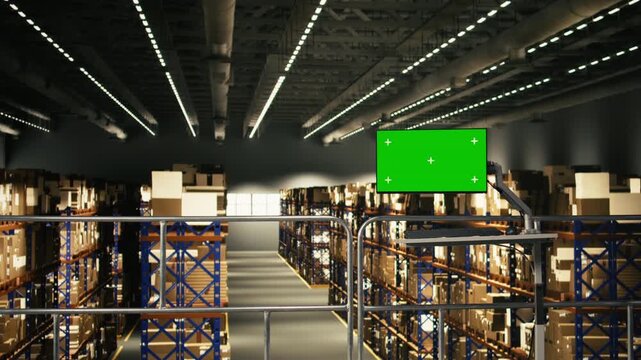 Mockup green screen display in empty warehouse storage facility, featuring computer monitor ready for parcel tracking software integration. E-commerce logistics and shipment details in depot.