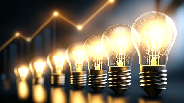 Row of light bulbs depicting corporate innovation cycle roadmap concept with symbolic representation of ideas, sequential illumination, with copy space