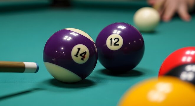 Purple Billiard Balls on Green Pool Table with Cue Stick