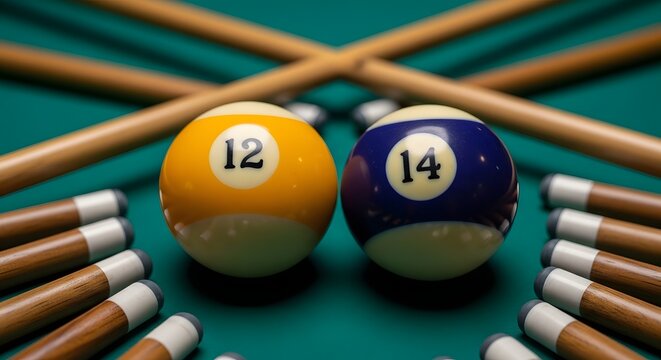 Pool balls and cues on a green billiard table with numbered balls