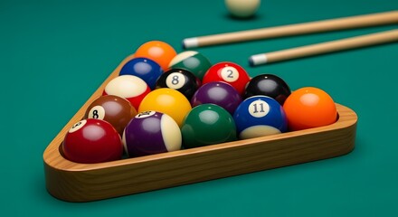 Assorted Colored Billiard Balls in Wooden Holder on Green Table