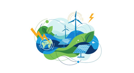 Obraz premium Vector eco friendly icons set with earth, solar panel, wind turbine