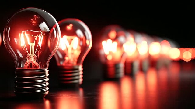 Row of vibrant red light bulbs illuminating dark space representing corporate change and organizational strategy, crimson innovation sequence, with copy space