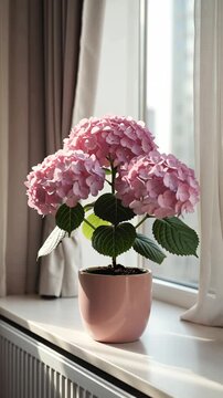 A beautiful pot of hydrangea flowers on a windowsill